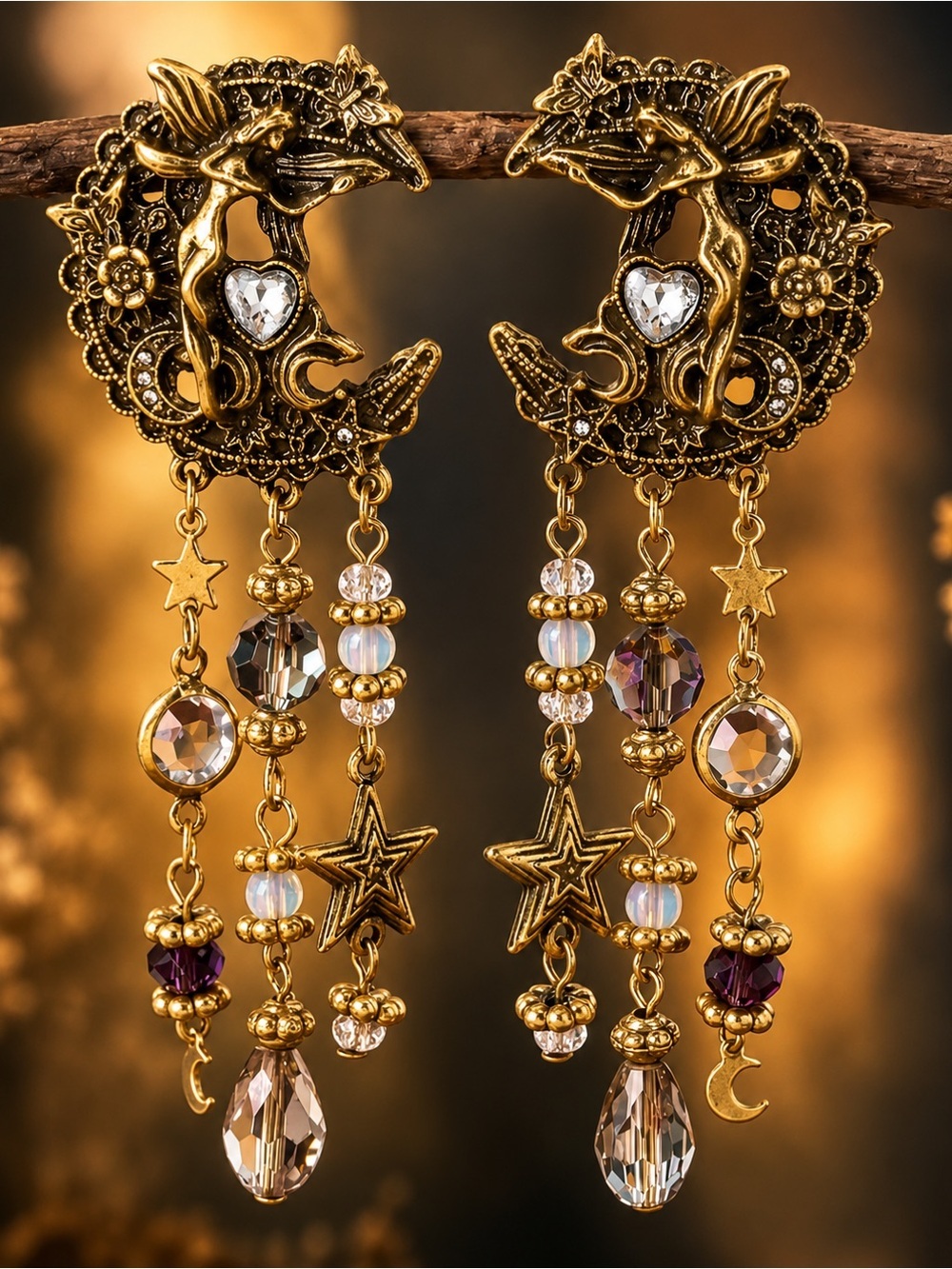 Gold Dragon Moon Dangle Earrings with Crystal Drops - Picture 7 of 8